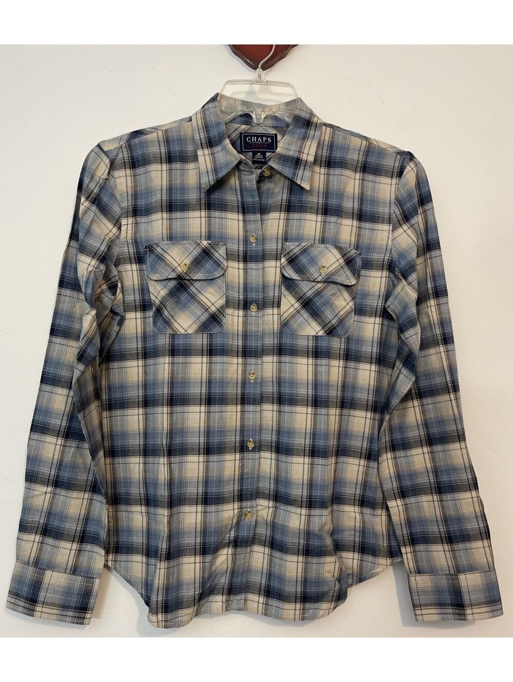 Chaps Denim Womens Medium Plaid Button-Up Collared Cotton Pocket Shirt! M1075